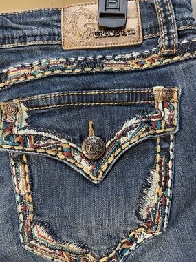 Grace Dark Blue Denim Jeans with Multicolor Embroidered Trim- easy Fit